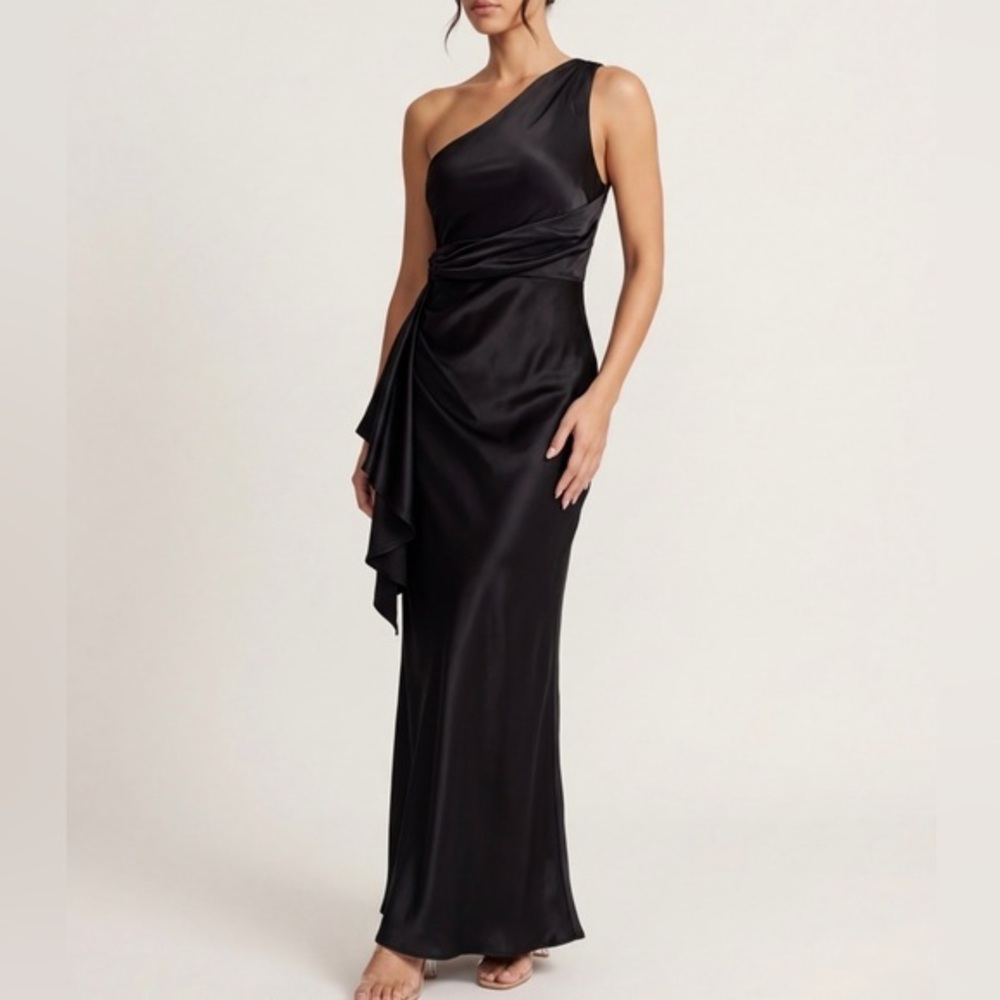 MESHKI Calliope One Shoulder Satin Maxi Dress Black XS